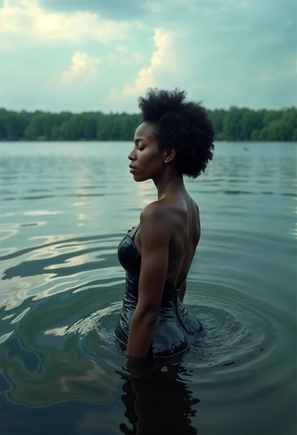 Serene cinematic high angel forced perspective of African American woman in Erie lake