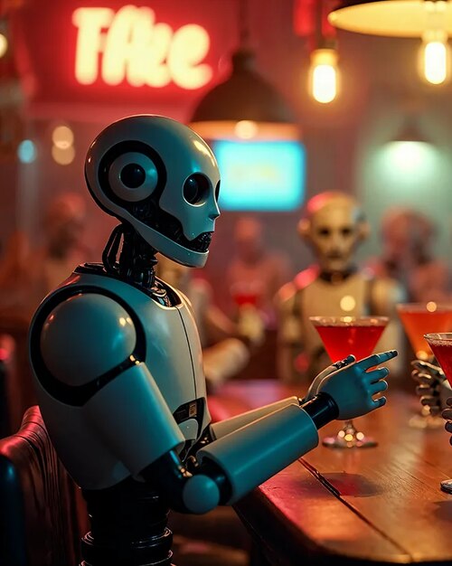 Inside a tavern filled with robots holding cocktails in their hands and looking drunk