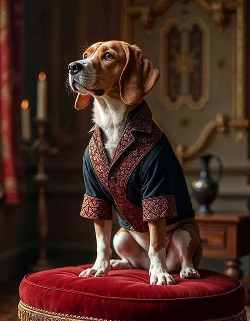 A renaissance painting of a majestic beagle in a richly embroidered suit, standing proudly on a velvet cushion. The backdrop showcases a grand hall with elegant tapestries and soft candlelight., medium body shot, mid distance subject wide shot