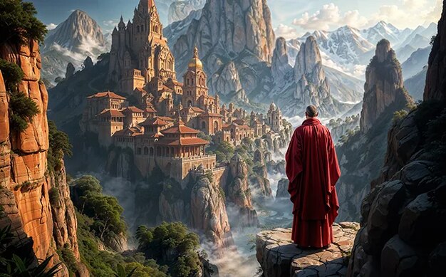 A middle-aged man in a red robe standing on a cliff overlooking an ancient city with ornate buildings and temples, with a large mountain in the background