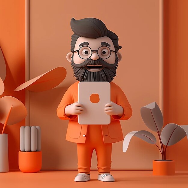 A middle-aged Caucasian man with a thick beard , wearing glasses and a orange outfit , holding a white tablet in an orange-themed room with potted plants