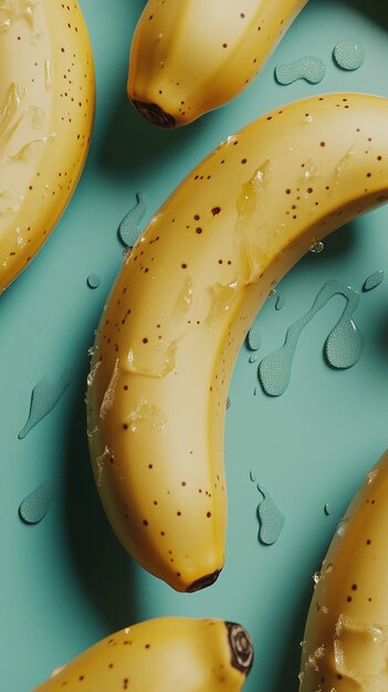 Ripe yellow bananas with water droplets on a teal background