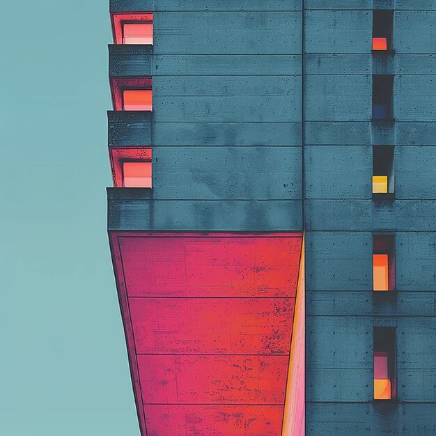 A modern abstract building facade with geometric shapes and patterns in shades of red , orange , and blue