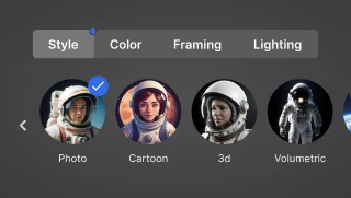 AI styles, colors, framing, and lighting options that users can select