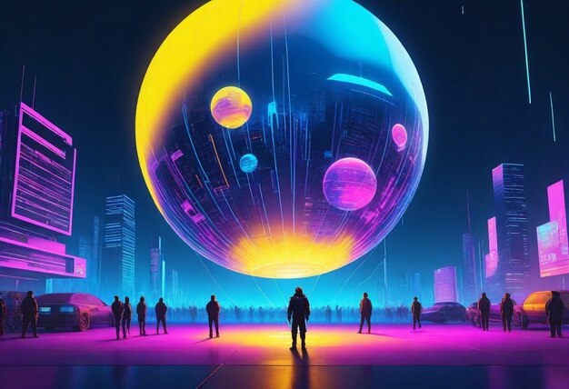 Multiple people observing a large futuristic sphere, above a cityscape at night