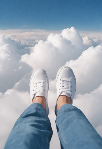 A person wearing white sneakers with their feet extended against a cloudy sky background