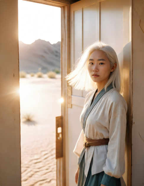 25-year-old Asian female with blonde hair wearing a light-colored robe with a belt, standing next to an open door with a desert landscape in the background