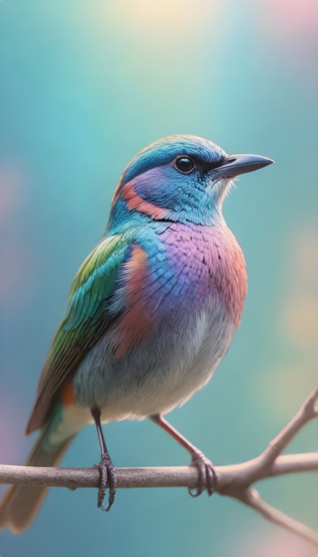 Colorful bird with blue  feathers against a soft-focus background