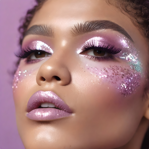 Young adult African American female with glittery pink makeup around her eyes, pink lipstick, and groomed eyebrows, plain light purple color background