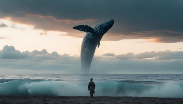 One person standing on the beach watching a giant whale tail emerging from the ocean at dusk