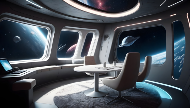Interior of a futuristic spaceship with large windows showing outer space, a round table with chairs in the center, and a sleek, modern design