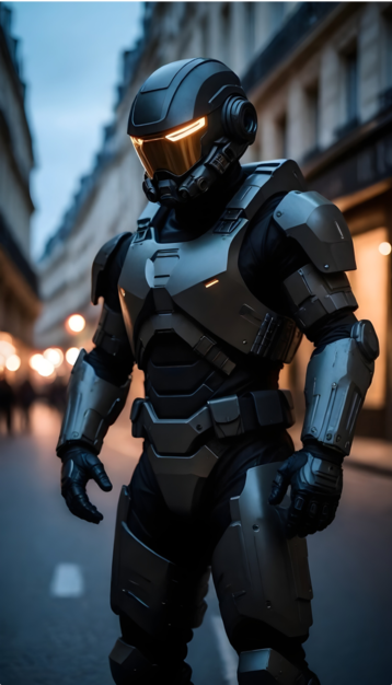 Person in a futuristic armored suit standing on a city street at dusk, robotic inspired