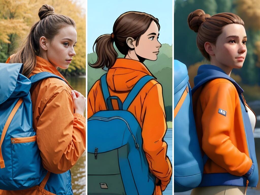 images of girl with a blue backpack in different styles generated by reimagine