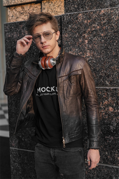 T-Shirt mockup stylish man with headphones