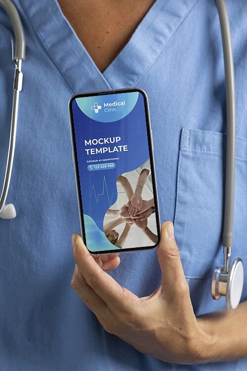 Clinic doctor holding phone mockup
