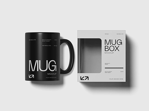 Isolated Flat Lay Minimalist Mug with Box Packaging Mockup