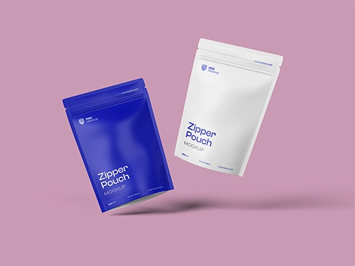 Floating Modern Two Pouches Packaging Mockup 3D Isolated Stand Up Zipper pouch