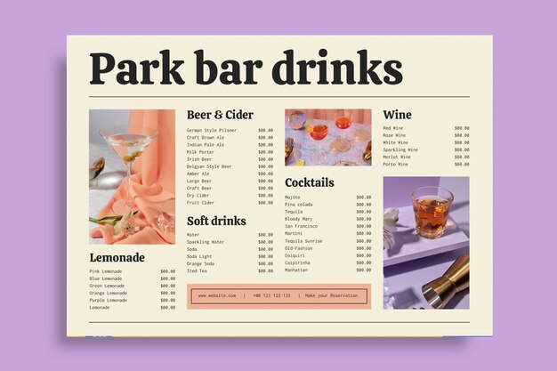 Modern park bar drink menu template